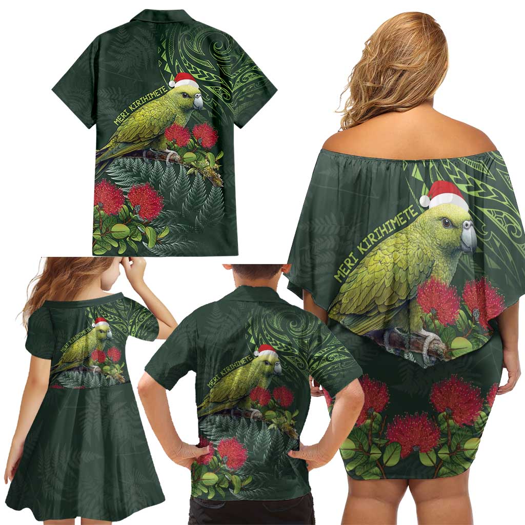 Meri Kirihimete Kakapo Family Matching Off Shoulder Short Dress and Hawaiian Shirt Green Silver Fern Christmas Vibe