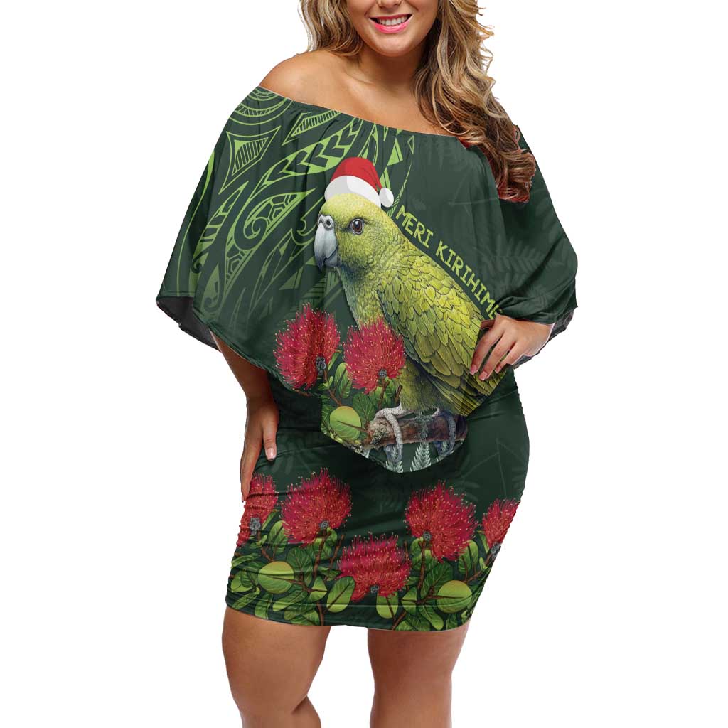 Meri Kirihimete Kakapo Family Matching Off Shoulder Short Dress and Hawaiian Shirt Green Silver Fern Christmas Vibe