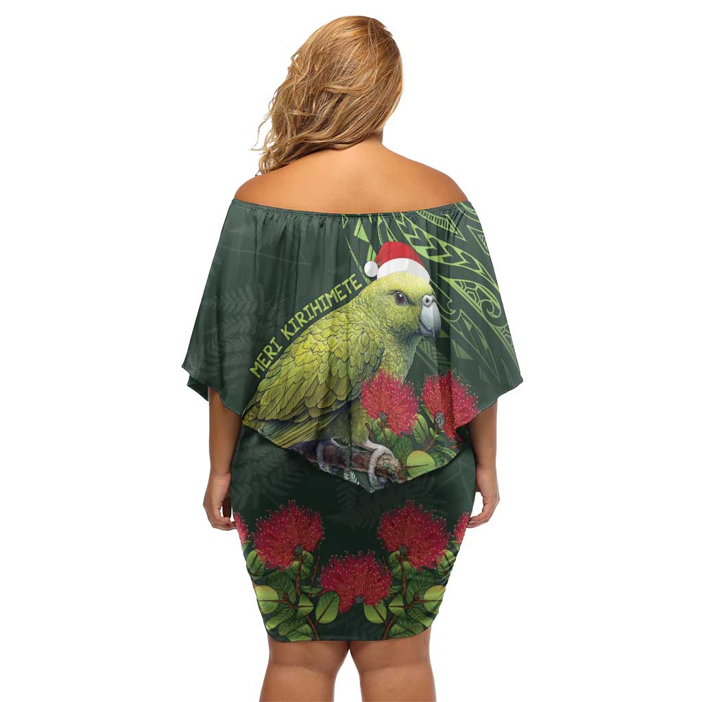 Meri Kirihimete Kakapo Family Matching Off Shoulder Short Dress and Hawaiian Shirt Green Silver Fern Christmas Vibe