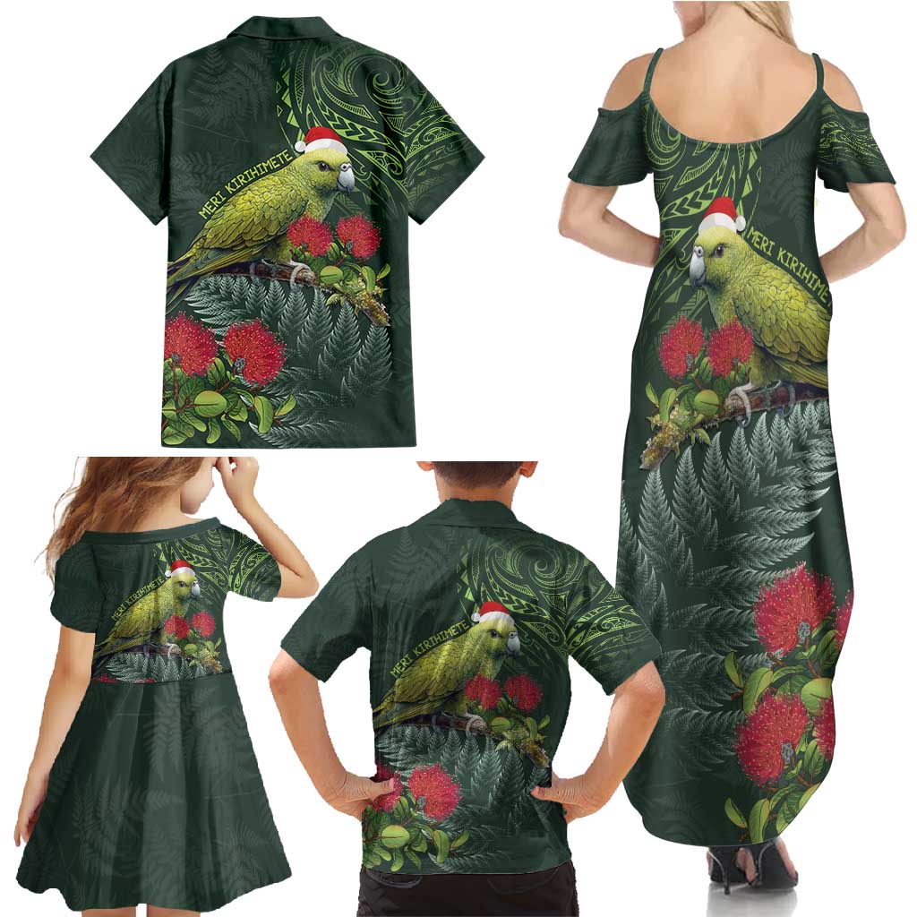 Meri Kirihimete Kakapo Family Matching Summer Maxi Dress and Hawaiian Shirt Green Silver Fern Christmas Vibe