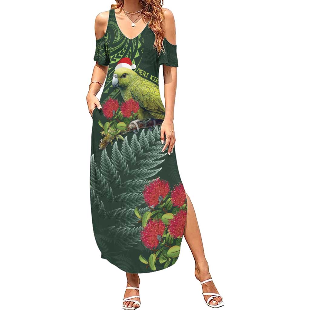 Meri Kirihimete Kakapo Family Matching Summer Maxi Dress and Hawaiian Shirt Green Silver Fern Christmas Vibe