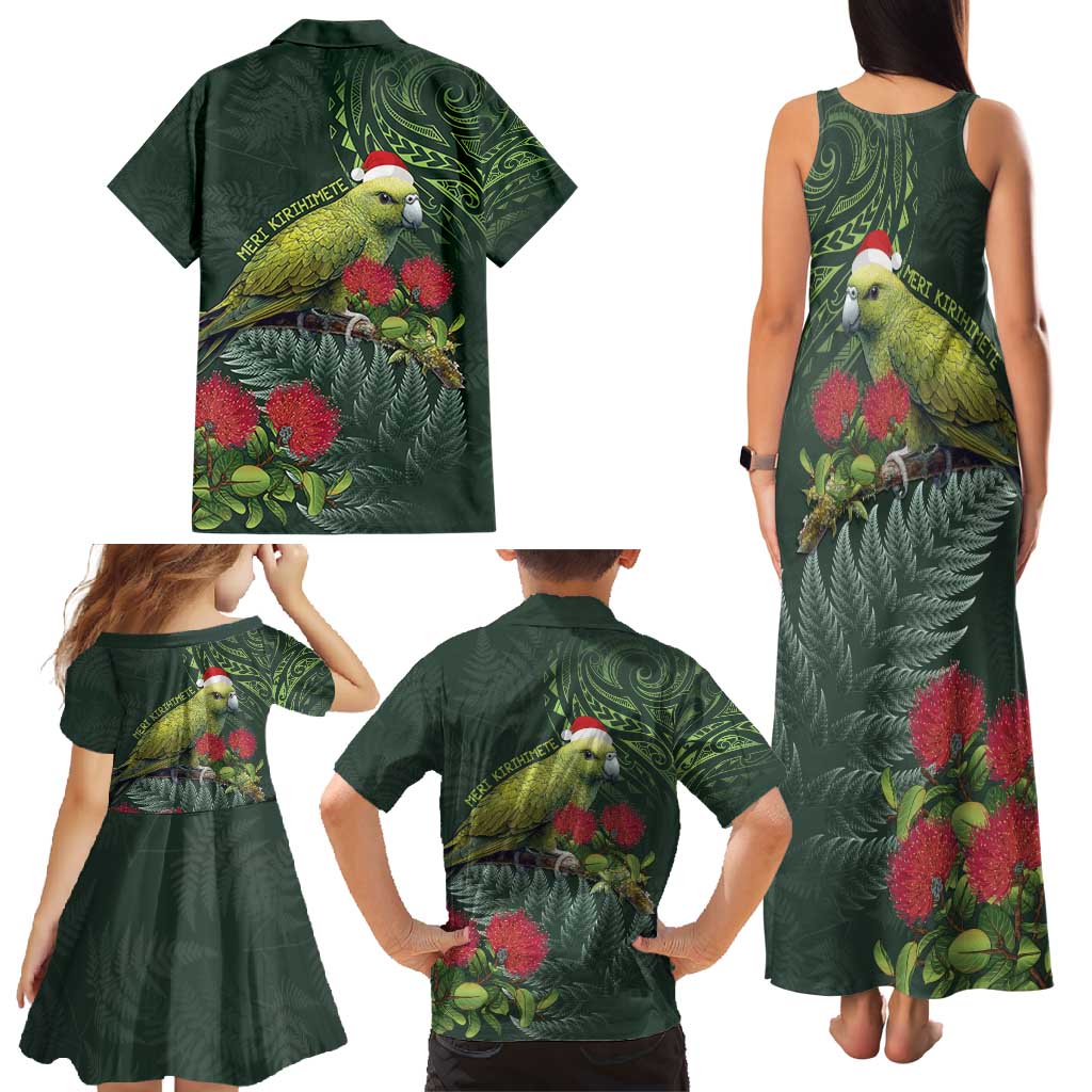 Meri Kirihimete Kakapo Family Matching Tank Maxi Dress and Hawaiian Shirt Green Silver Fern Christmas Vibe