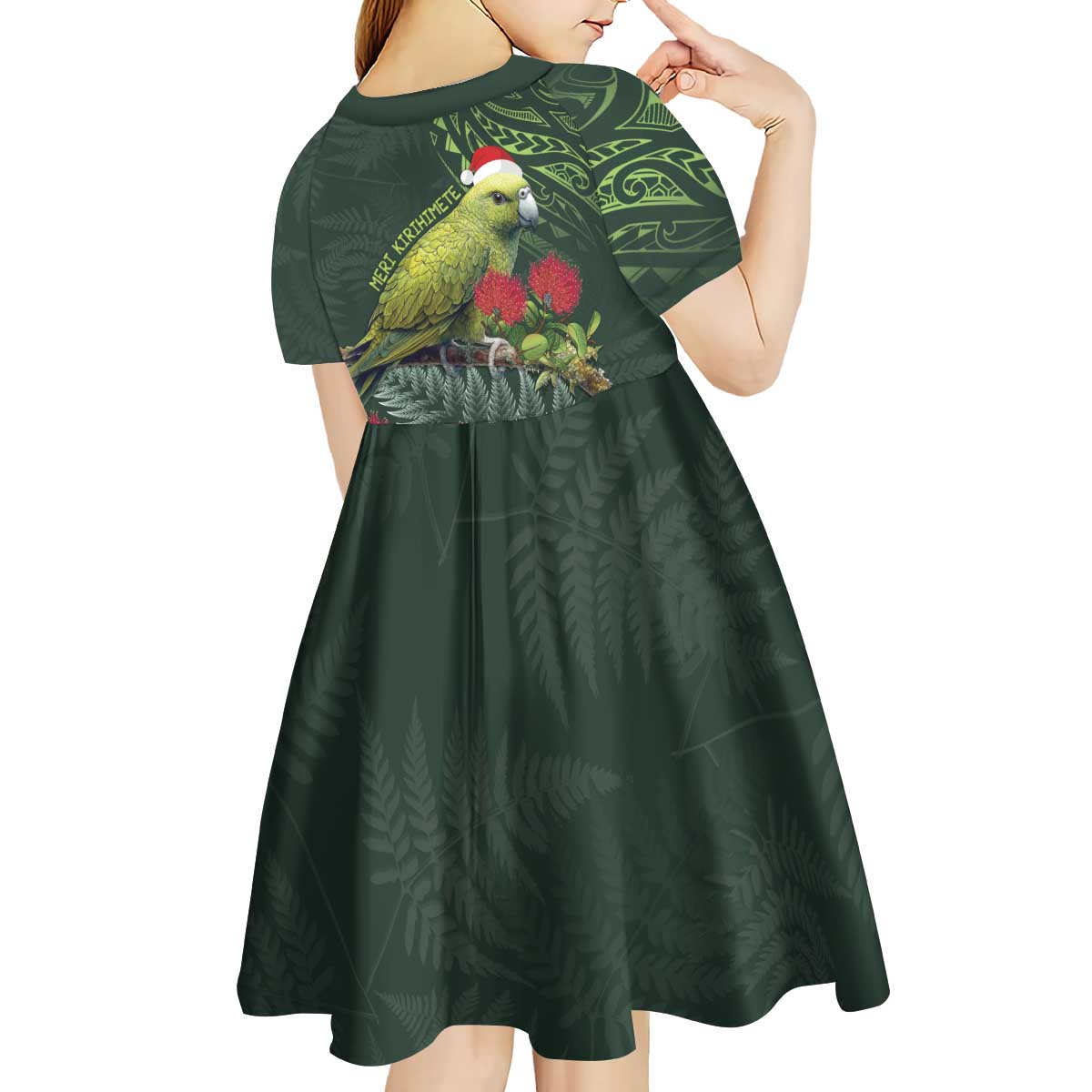 Meri Kirihimete Kakapo Kid Short Sleeve Dress Green Silver Fern Christmas Vibe - Vibe Hoodie Shop