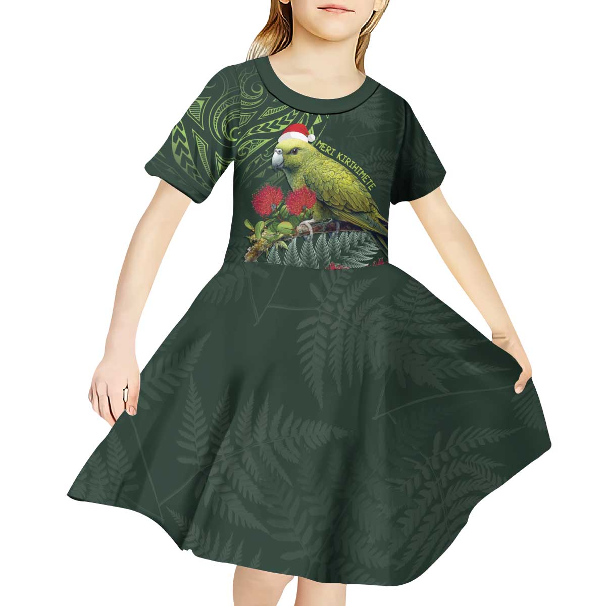 Meri Kirihimete Kakapo Kid Short Sleeve Dress Green Silver Fern Christmas Vibe - Vibe Hoodie Shop