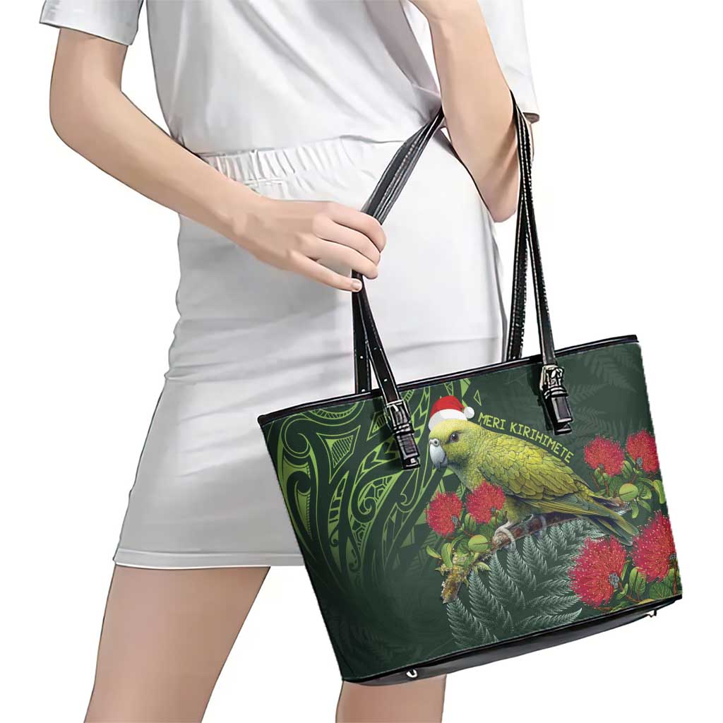 Meri Kirihimete Kakapo Leather Tote Bag Green Silver Fern Christmas Vibe