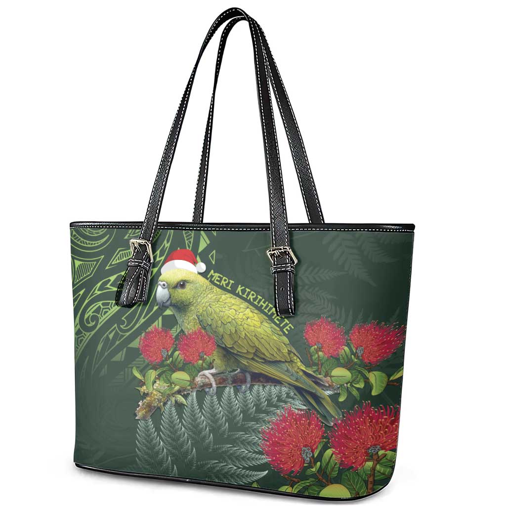 Meri Kirihimete Kakapo Leather Tote Bag Green Silver Fern Christmas Vibe