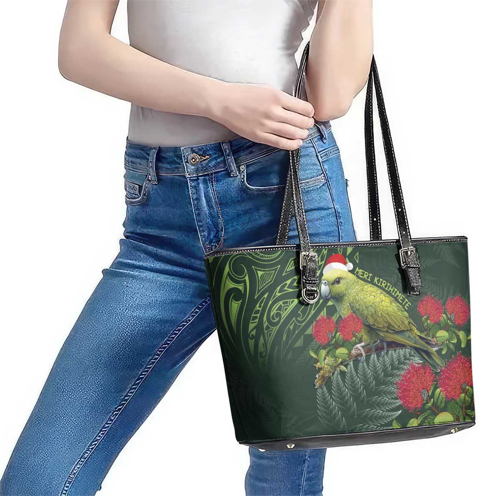 Meri Kirihimete Kakapo Leather Tote Bag Green Silver Fern Christmas Vibe