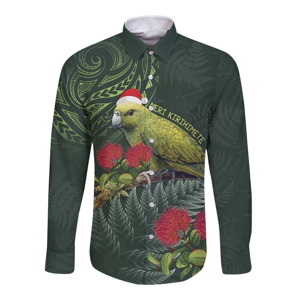 Meri Kirihimete Kakapo Long Sleeve Button Shirt Green Silver Fern Christmas Vibe - Vibe Hoodie Shop