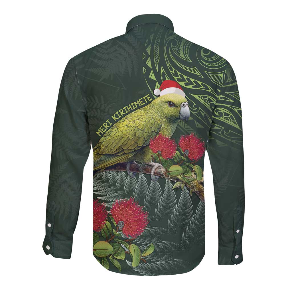 Meri Kirihimete Kakapo Long Sleeve Button Shirt Green Silver Fern Christmas Vibe - Vibe Hoodie Shop