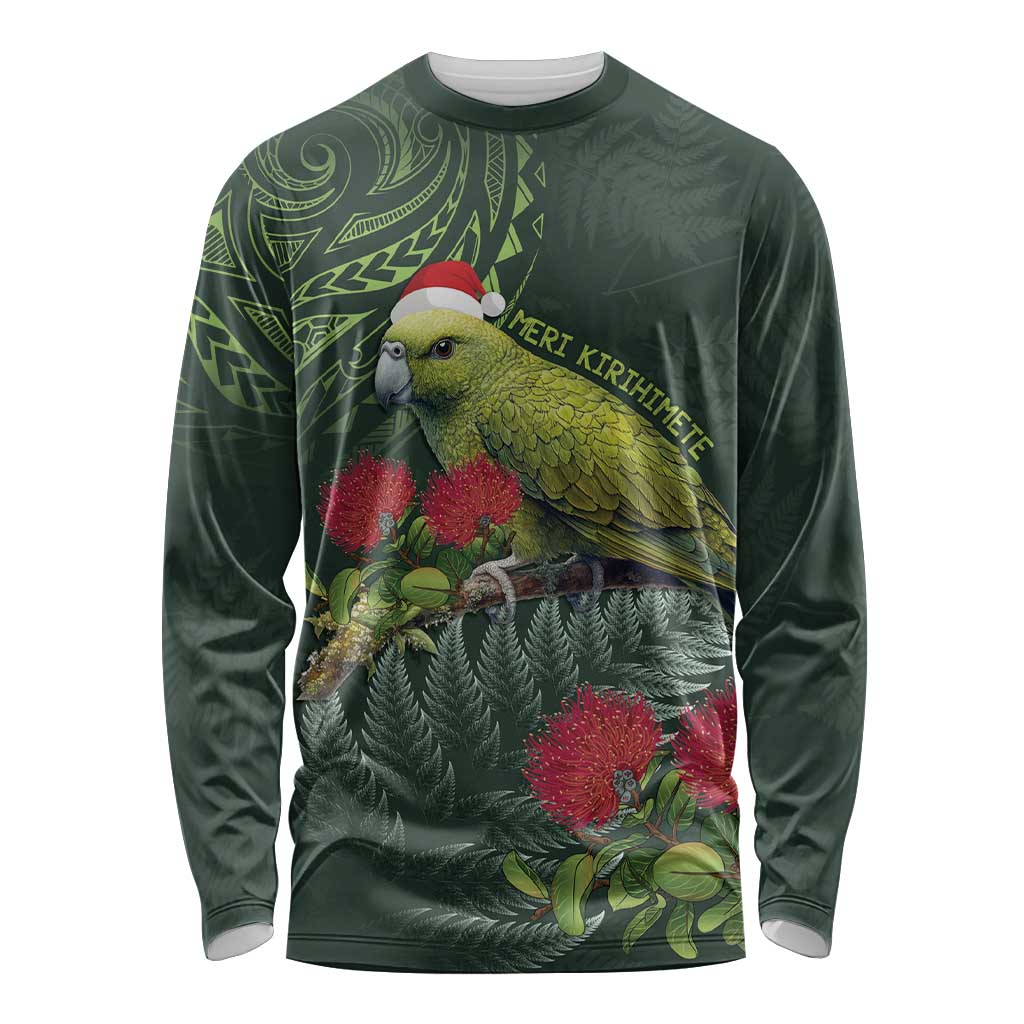 Meri Kirihimete Kakapo Long Sleeve Shirt Green Silver Fern Christmas Vibe - Vibe Hoodie Shop