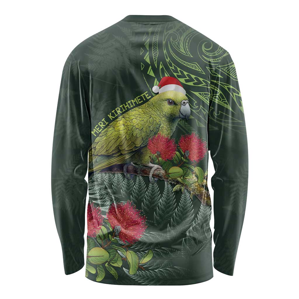 Meri Kirihimete Kakapo Long Sleeve Shirt Green Silver Fern Christmas Vibe - Vibe Hoodie Shop