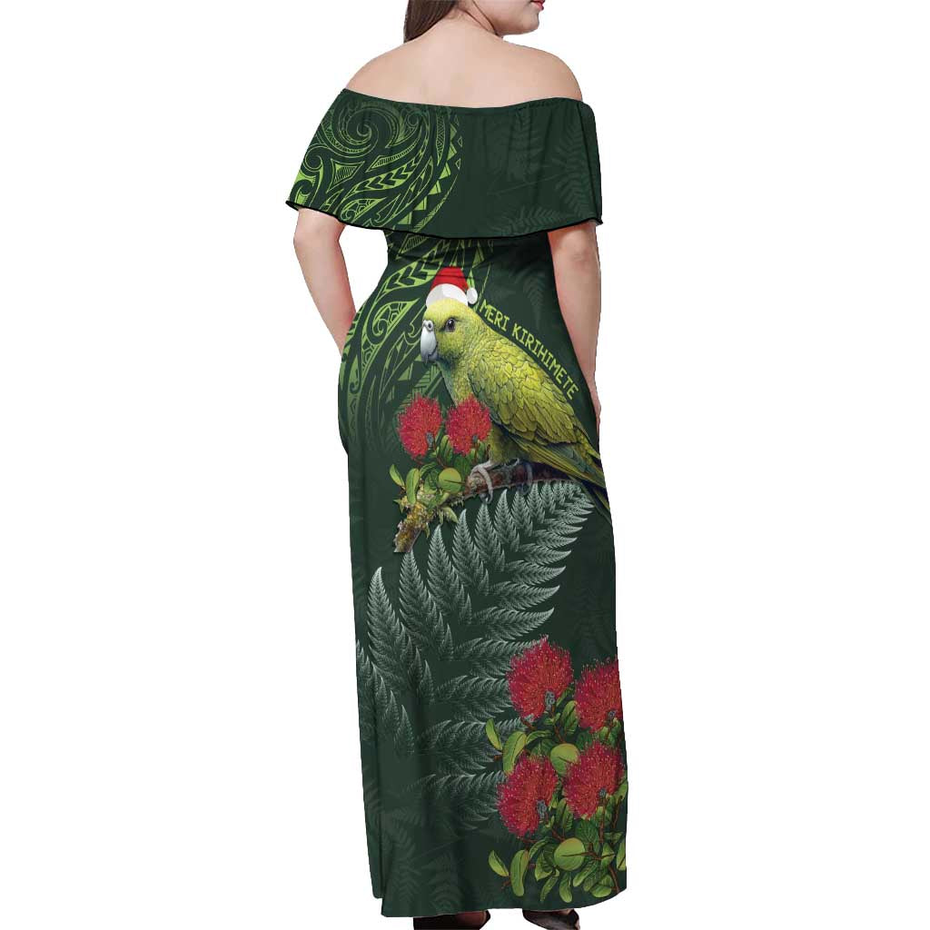 Meri Kirihimete Kakapo Off Shoulder Maxi Dress Green Silver Fern Christmas Vibe