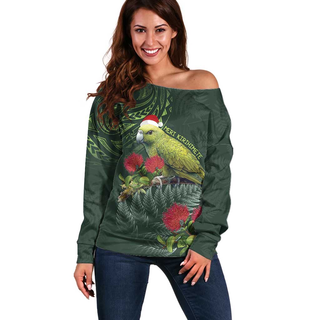 Meri Kirihimete Kakapo Off Shoulder Sweater Green Silver Fern Christmas Vibe - Vibe Hoodie Shop