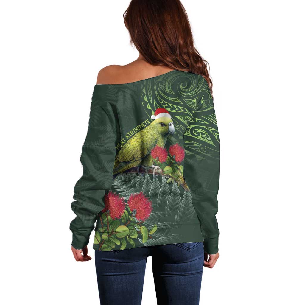 Meri Kirihimete Kakapo Off Shoulder Sweater Green Silver Fern Christmas Vibe - Vibe Hoodie Shop