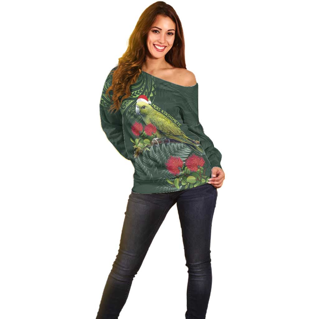 Meri Kirihimete Kakapo Off Shoulder Sweater Green Silver Fern Christmas Vibe - Vibe Hoodie Shop