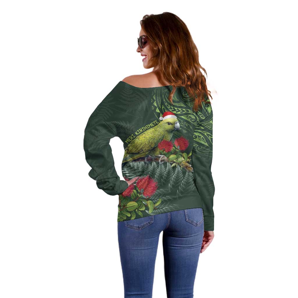 Meri Kirihimete Kakapo Off Shoulder Sweater Green Silver Fern Christmas Vibe - Vibe Hoodie Shop