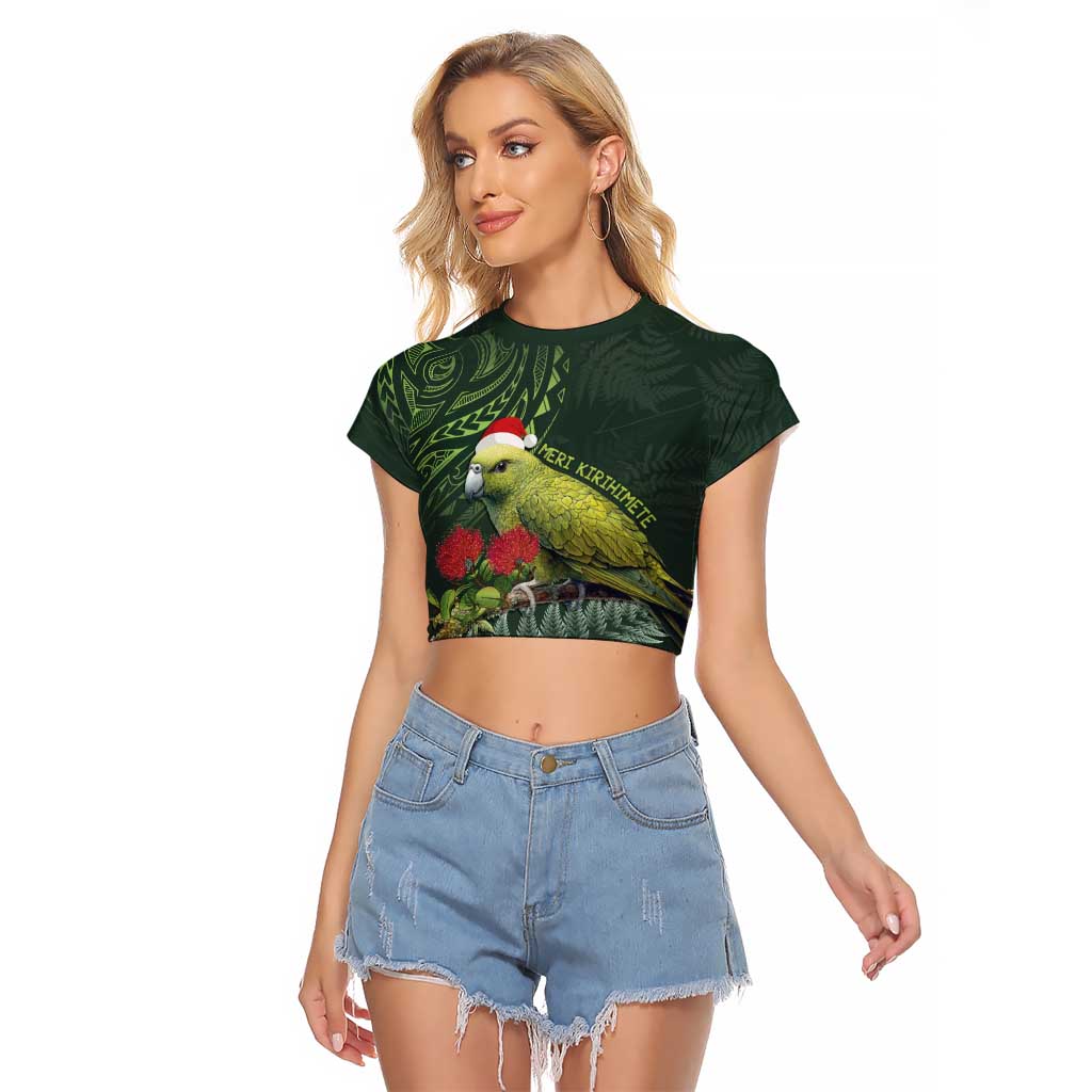 Meri Kirihimete Kakapo Raglan Cropped T Shirt Green Silver Fern Christmas Vibe - Vibe Hoodie Shop