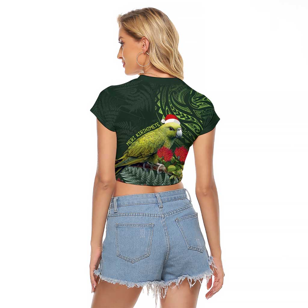 Meri Kirihimete Kakapo Raglan Cropped T Shirt Green Silver Fern Christmas Vibe - Vibe Hoodie Shop