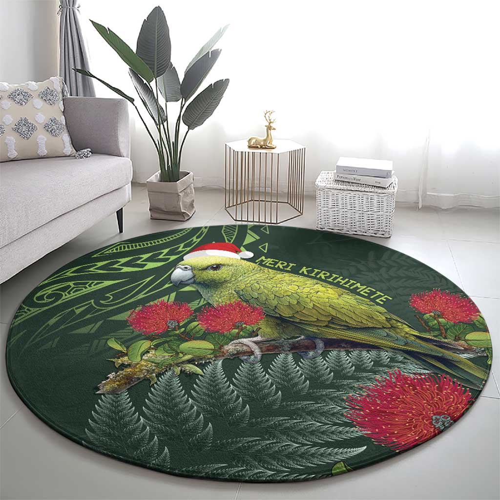 Meri Kirihimete Kakapo Round Carpet Green Silver Fern Christmas Vibe