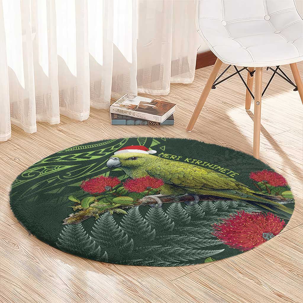 Meri Kirihimete Kakapo Round Carpet Green Silver Fern Christmas Vibe