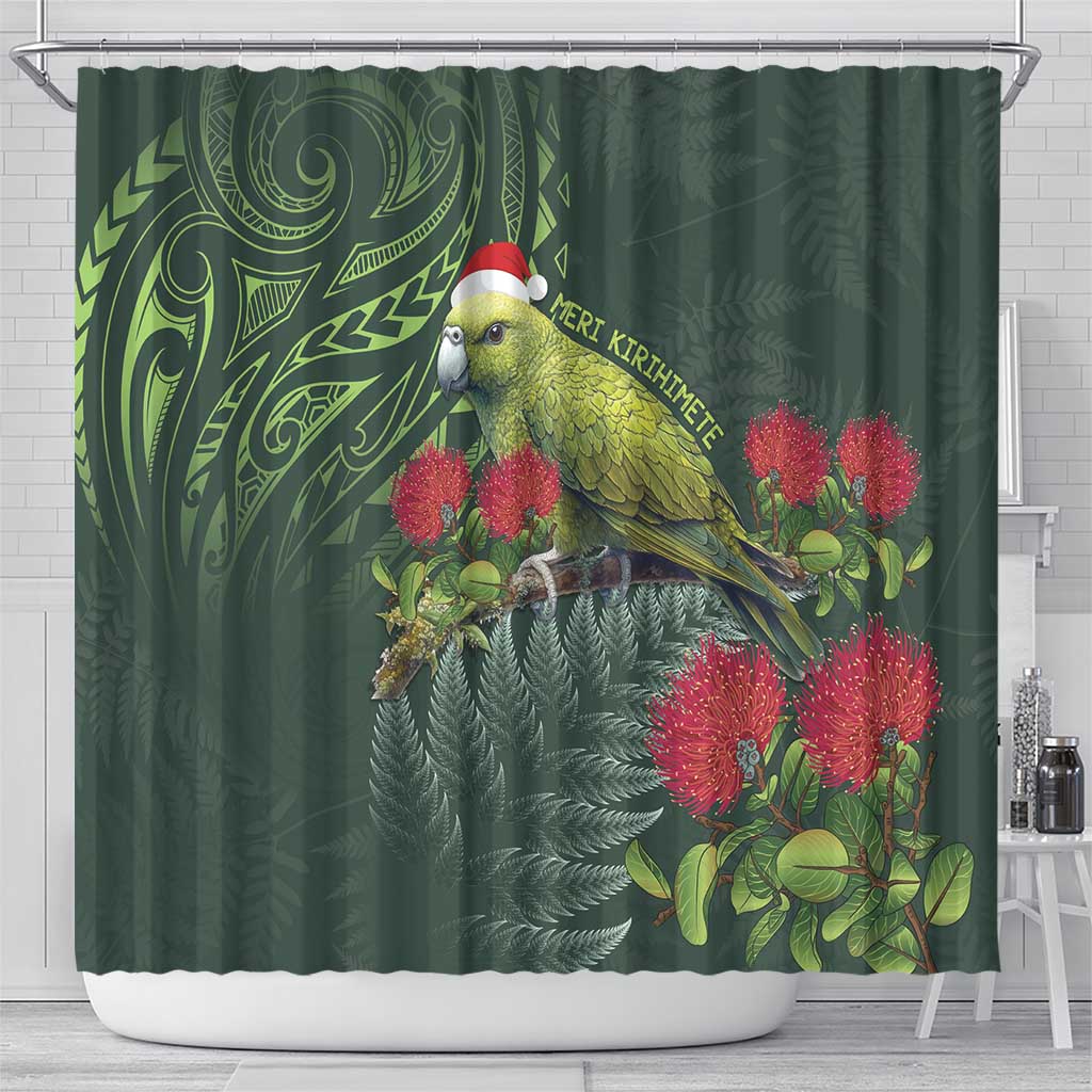 Meri Kirihimete Kakapo Shower Curtain Green Silver Fern Christmas Vibe