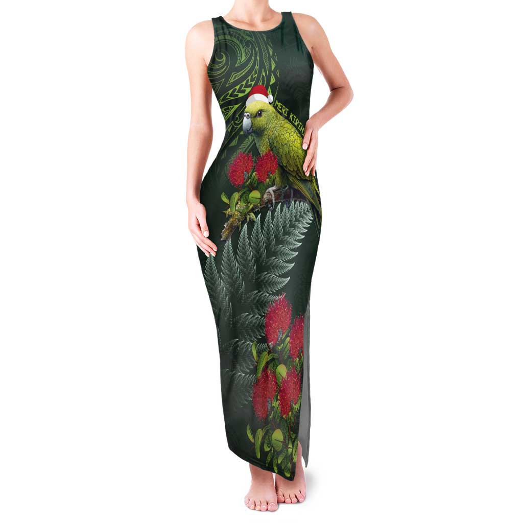 Meri Kirihimete Kakapo Tank Maxi Dress Green Silver Fern Christmas Vibe