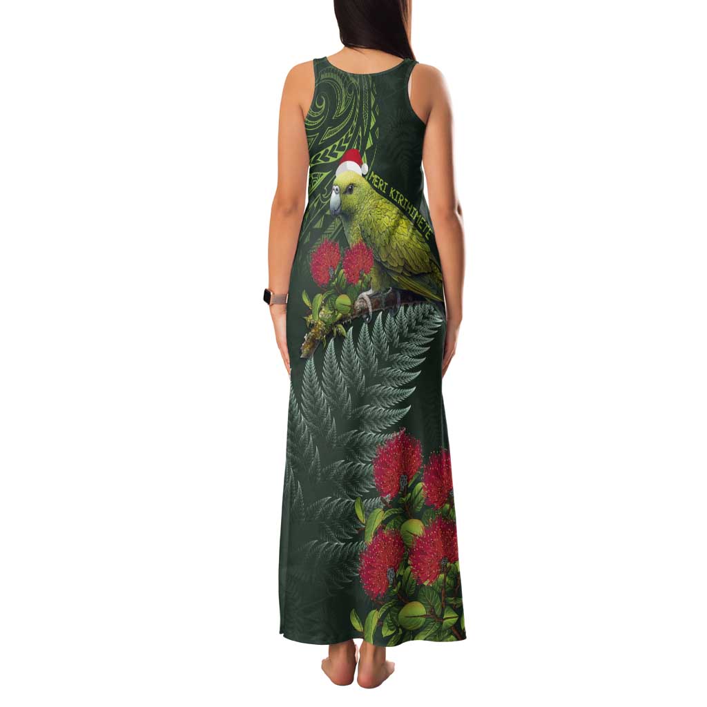 Meri Kirihimete Kakapo Tank Maxi Dress Green Silver Fern Christmas Vibe