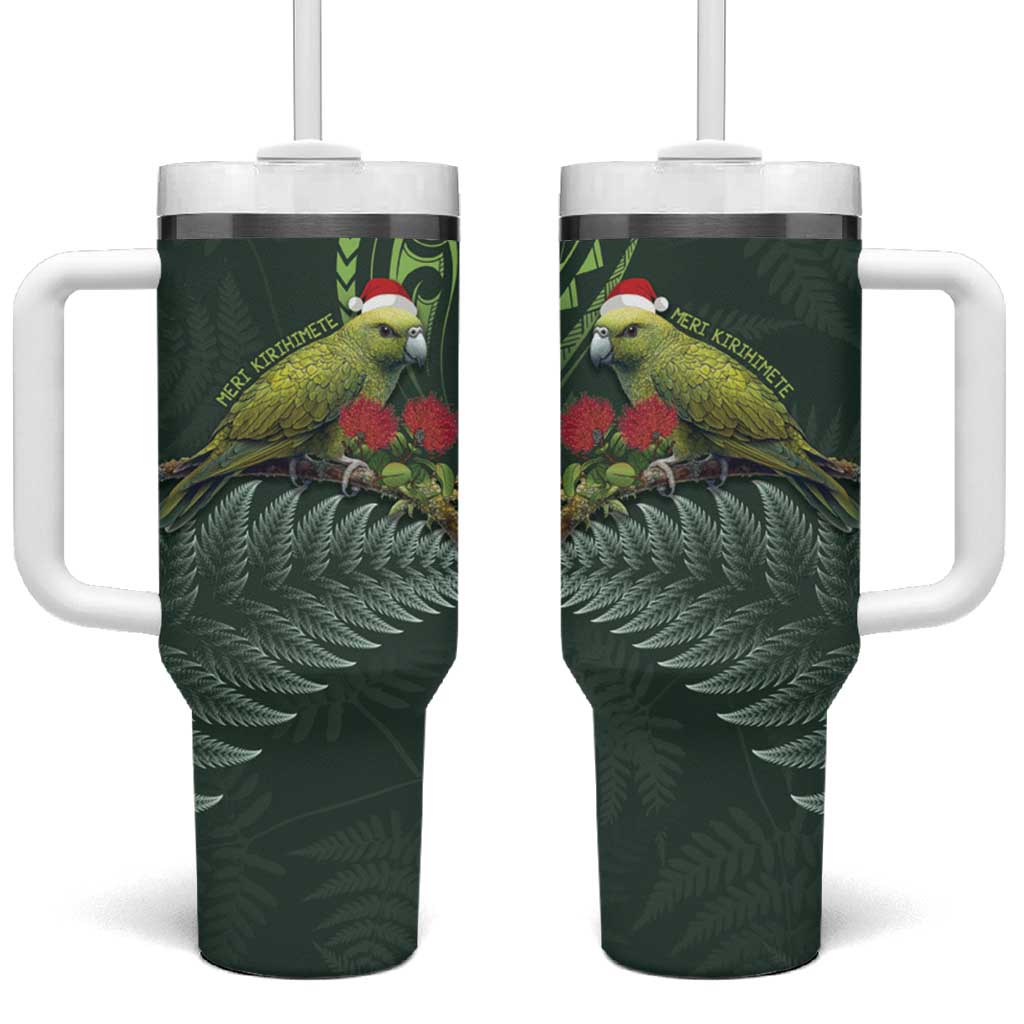 Meri Kirihimete Kakapo Tumbler With Handle Green Silver Fern Christmas Vibe