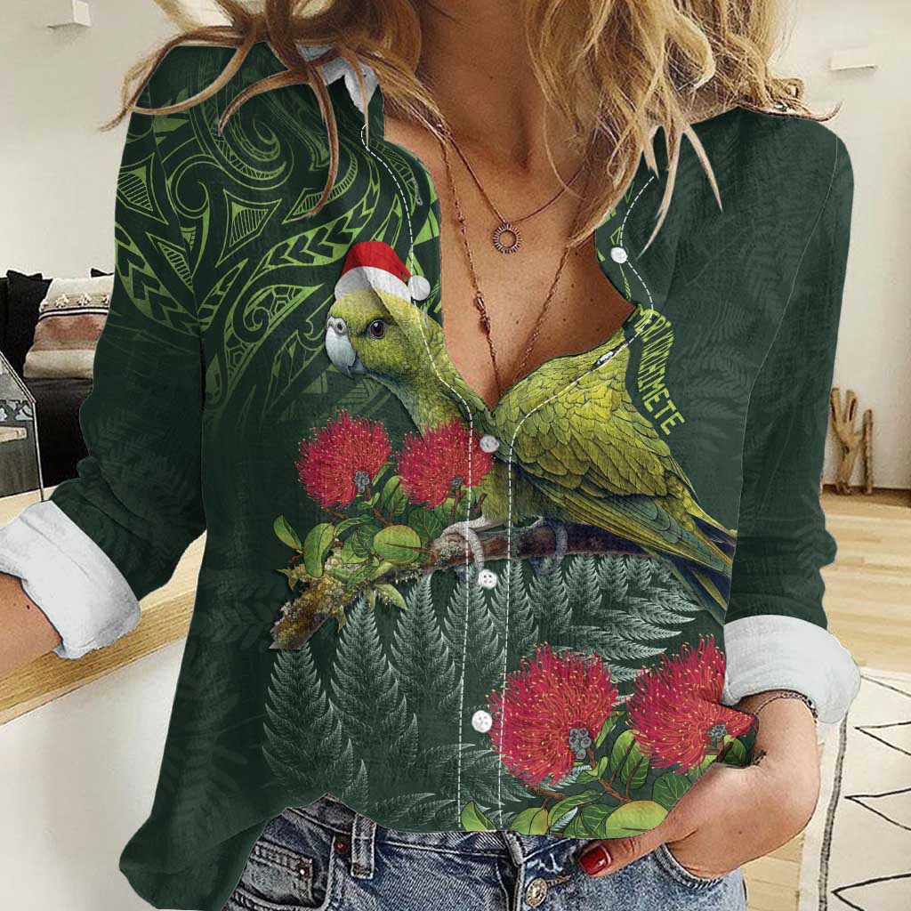 Meri Kirihimete Kakapo Women Casual Shirt Green Silver Fern Christmas Vibe - Vibe Hoodie Shop