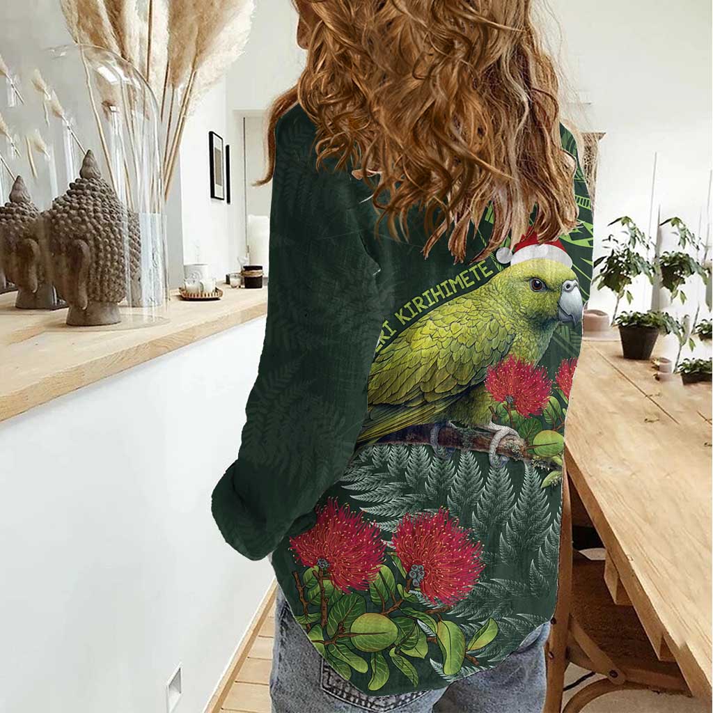 Meri Kirihimete Kakapo Women Casual Shirt Green Silver Fern Christmas Vibe - Vibe Hoodie Shop