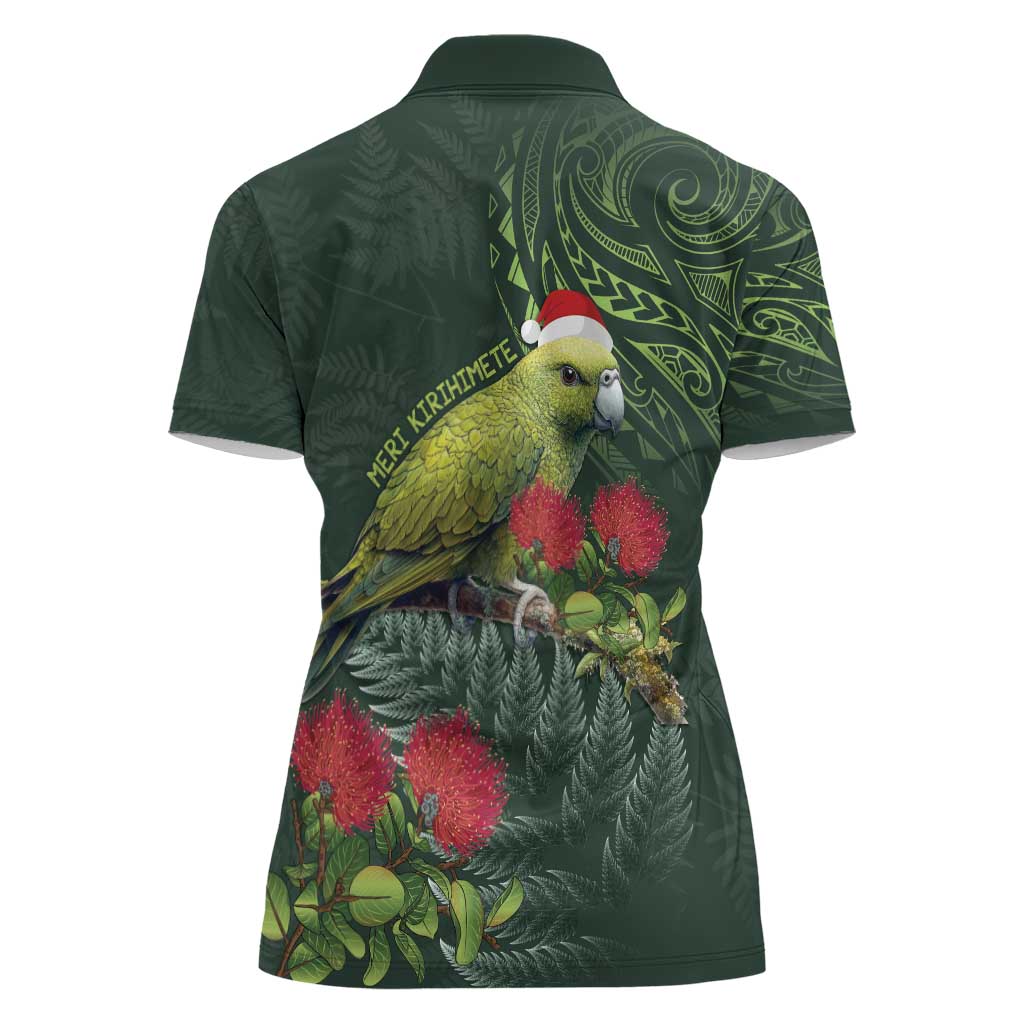 Meri Kirihimete Kakapo Women Polo Shirt Green Silver Fern Christmas Vibe - Vibe Hoodie Shop