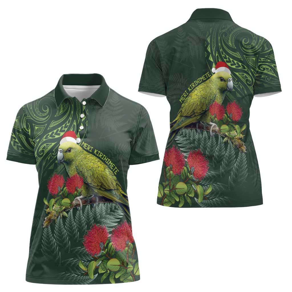 Meri Kirihimete Kakapo Women Polo Shirt Green Silver Fern Christmas Vibe - Vibe Hoodie Shop