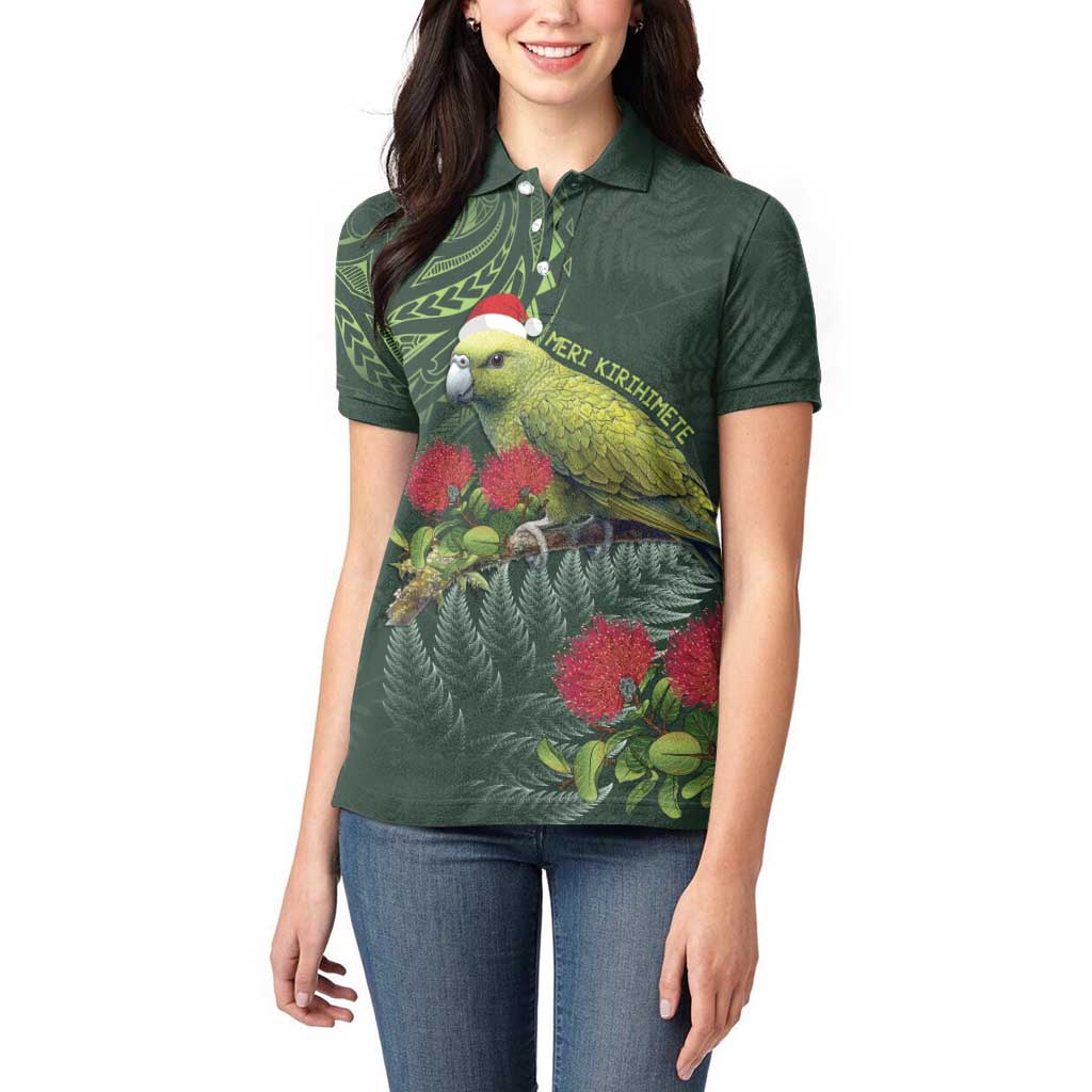 Meri Kirihimete Kakapo Women Polo Shirt Green Silver Fern Christmas Vibe - Vibe Hoodie Shop