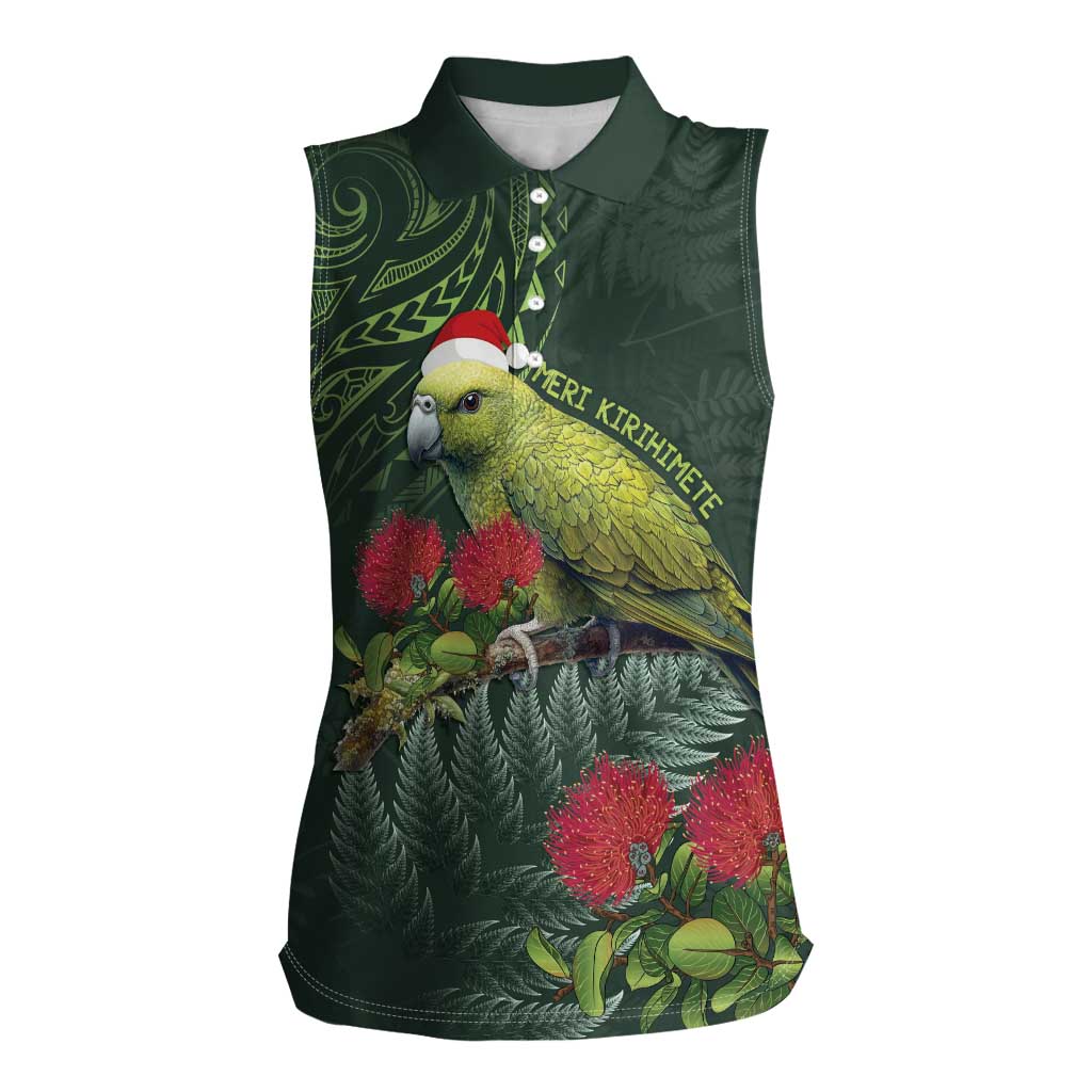 Meri Kirihimete Kakapo Women Sleeveless Polo Shirt Green Silver Fern Christmas Vibe