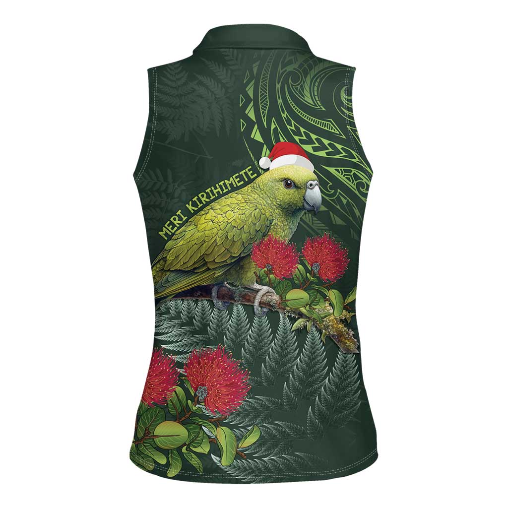 Meri Kirihimete Kakapo Women Sleeveless Polo Shirt Green Silver Fern Christmas Vibe