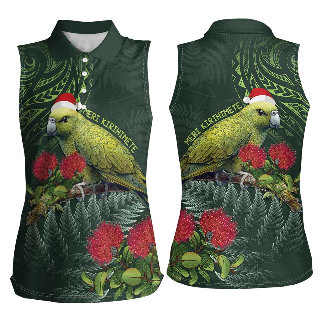 Meri Kirihimete Kakapo Women Sleeveless Polo Shirt Green Silver Fern Christmas Vibe