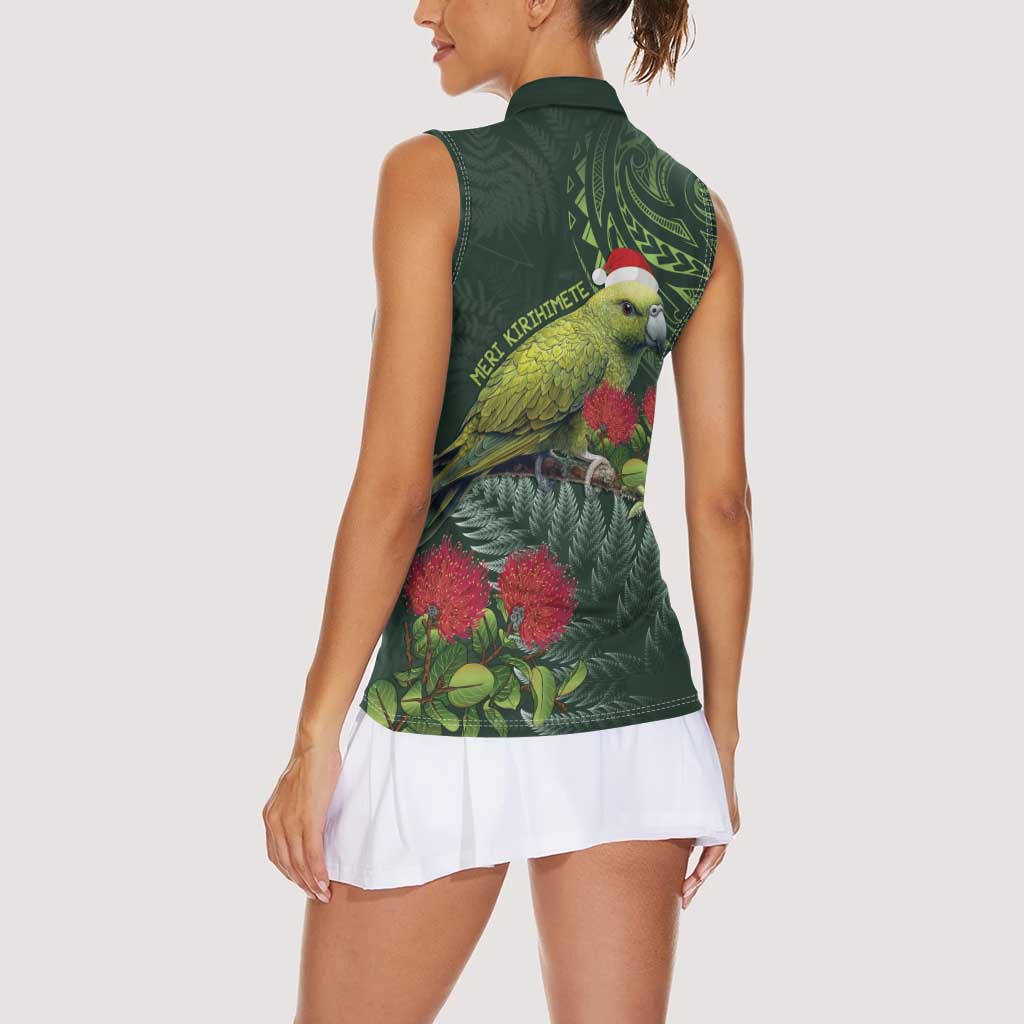 Meri Kirihimete Kakapo Women Sleeveless Polo Shirt Green Silver Fern Christmas Vibe