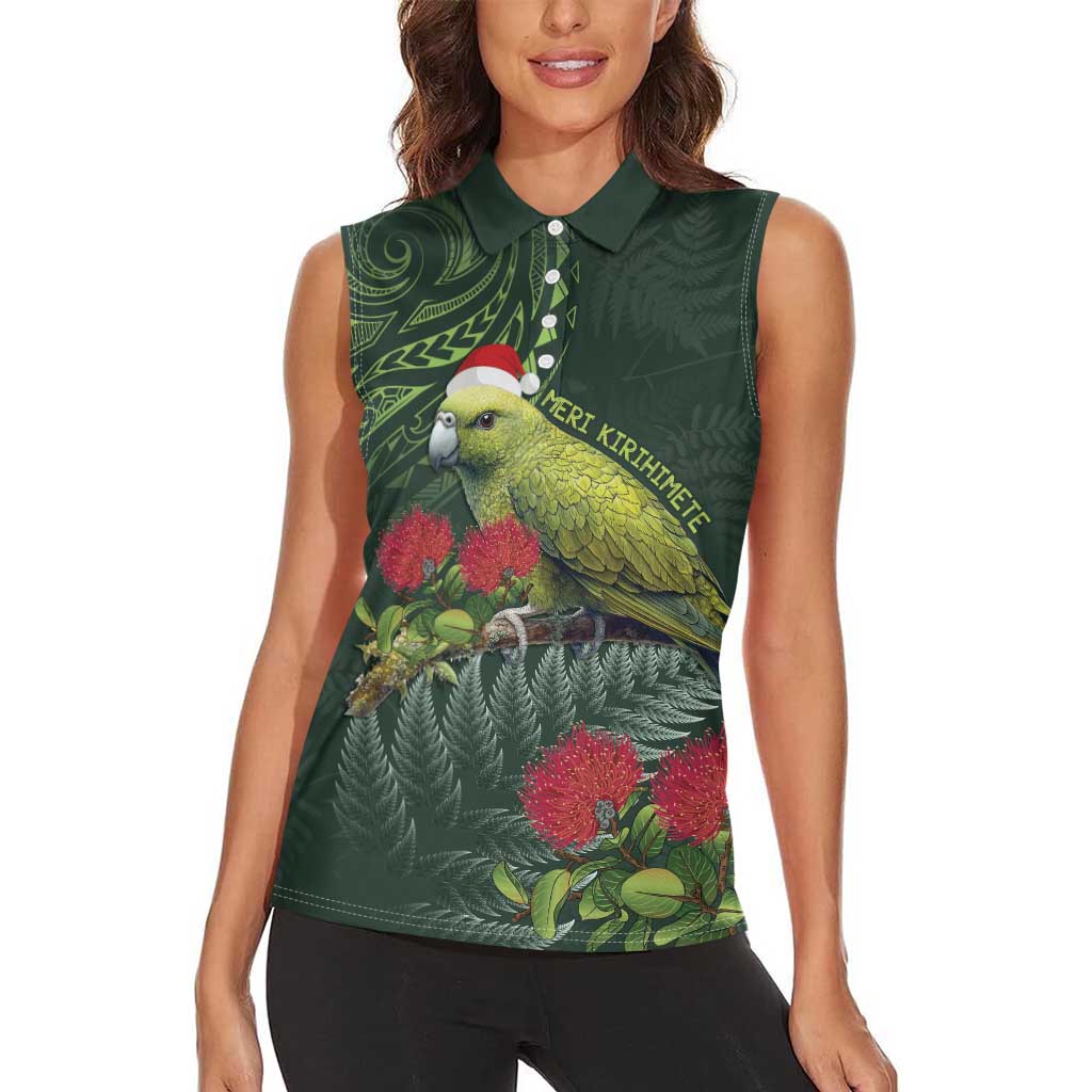 Meri Kirihimete Kakapo Women Sleeveless Polo Shirt Green Silver Fern Christmas Vibe