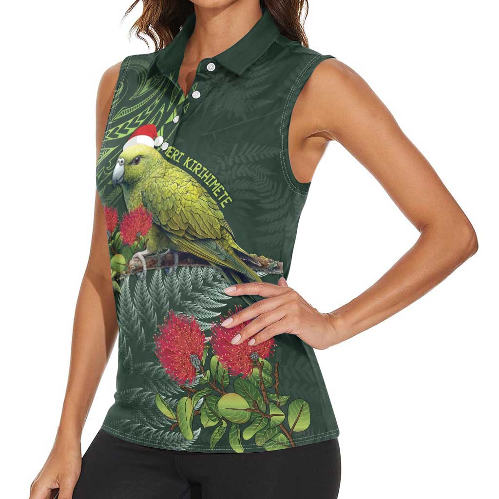 Meri Kirihimete Kakapo Women Sleeveless Polo Shirt Green Silver Fern Christmas Vibe