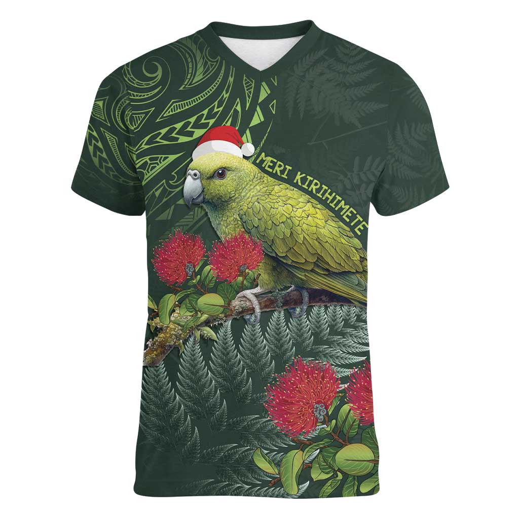 Meri Kirihimete Kakapo Women V-Neck T-Shirt Green Silver Fern Christmas Vibe - Vibe Hoodie Shop