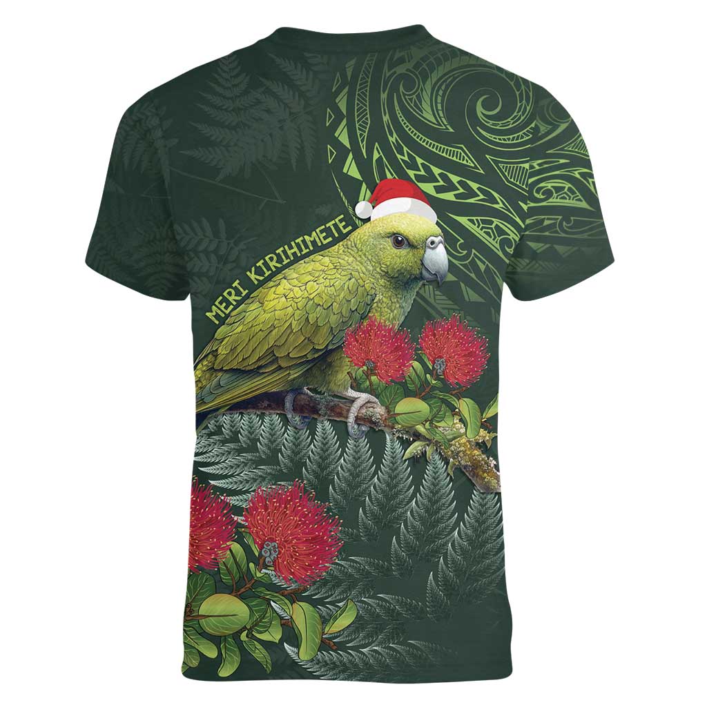 Meri Kirihimete Kakapo Women V-Neck T-Shirt Green Silver Fern Christmas Vibe - Vibe Hoodie Shop