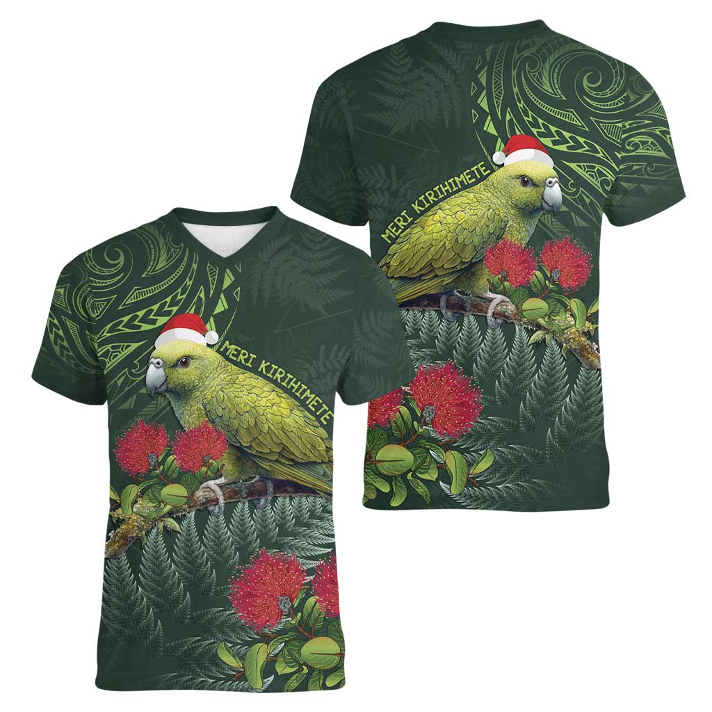 Meri Kirihimete Kakapo Women V-Neck T-Shirt Green Silver Fern Christmas Vibe - Vibe Hoodie Shop