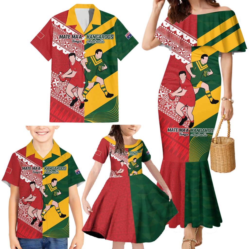Australia-Tonga Rugby Pacific Custom Family Matching Mermaid Dress and Hawaiian Shirt The Kangaroos and Mate Ma'a Tonga