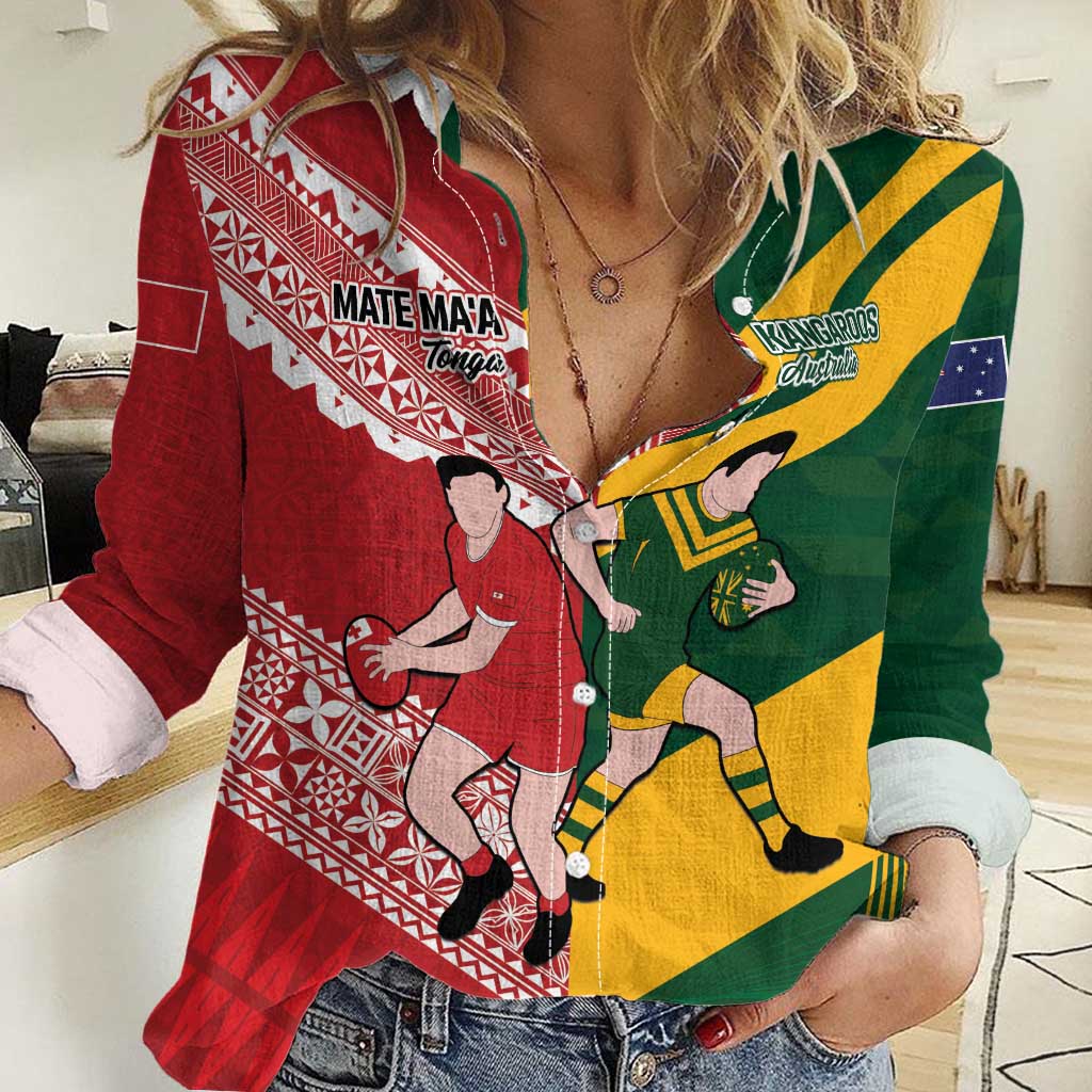 Australia-Tonga Rugby Pacific Custom Women Casual Shirt The Kangaroos and Mate Ma'a Tonga - Vibe Hoodie Shop