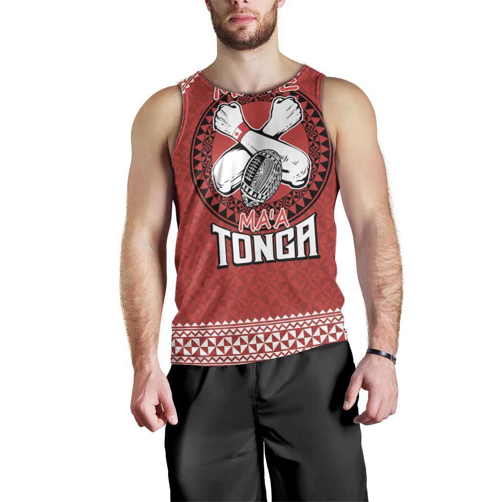 Tonga Rugby XIII Custom Men Tank Top Mate Ma'a Tonga with Ngatu Pattern - Vibe Hoodie Shop