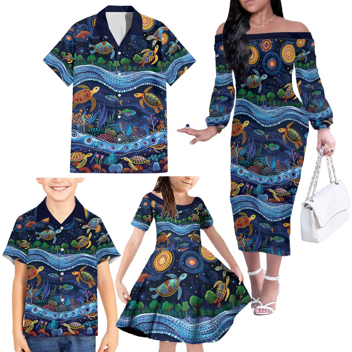 Australian Landscapes Family Matching Off The Shoulder Long Sleeve Dress and Hawaiian Shirt Aboriginal Dreamtime Story