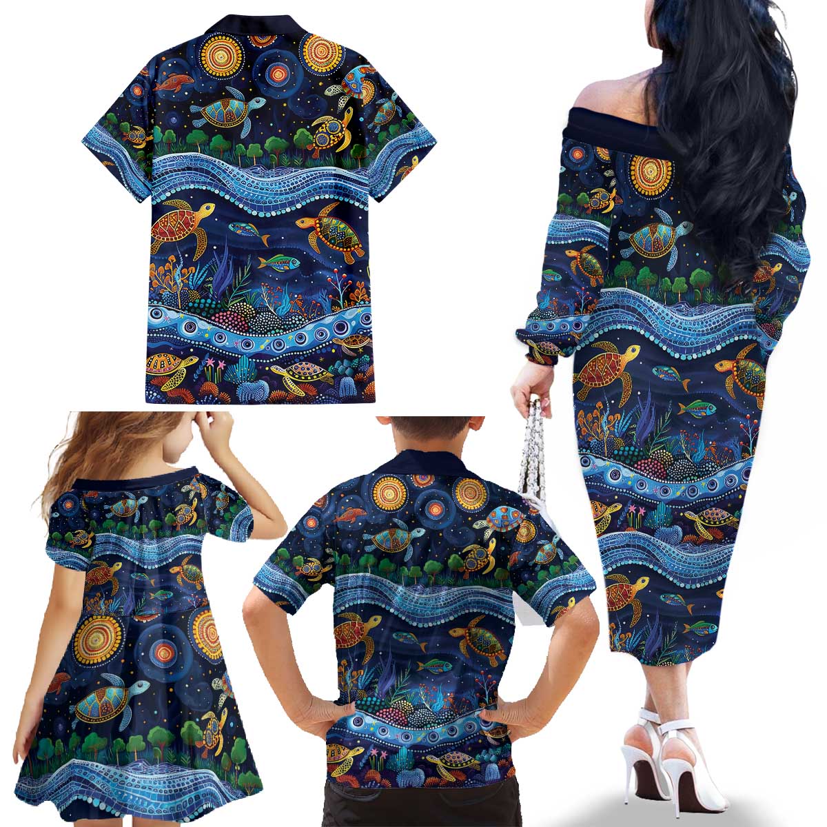 Australian Landscapes Family Matching Off The Shoulder Long Sleeve Dress and Hawaiian Shirt Aboriginal Dreamtime Story