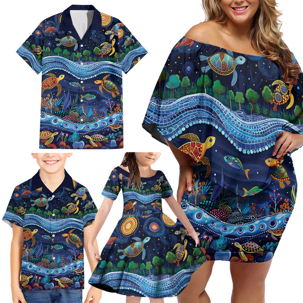 Australian Landscapes Family Matching Off Shoulder Short Dress and Hawaiian Shirt Aboriginal Dreamtime Story