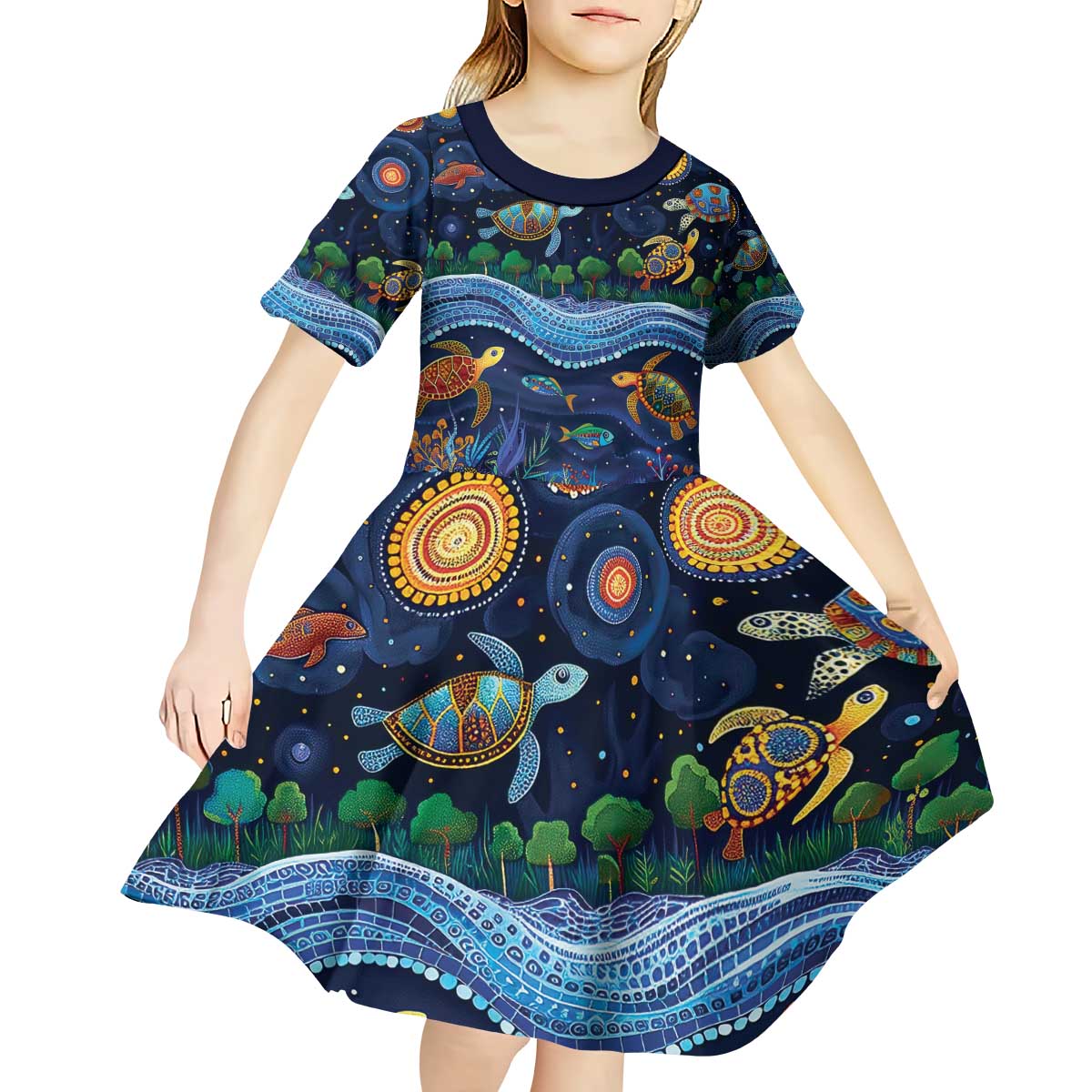 Australian Landscapes Kid Short Sleeve Dress Aboriginal Dreamtime Story - Vibe Hoodie Shop