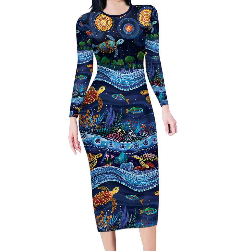 Australian Landscapes Long Sleeve Bodycon Dress Aboriginal Dreamtime Story